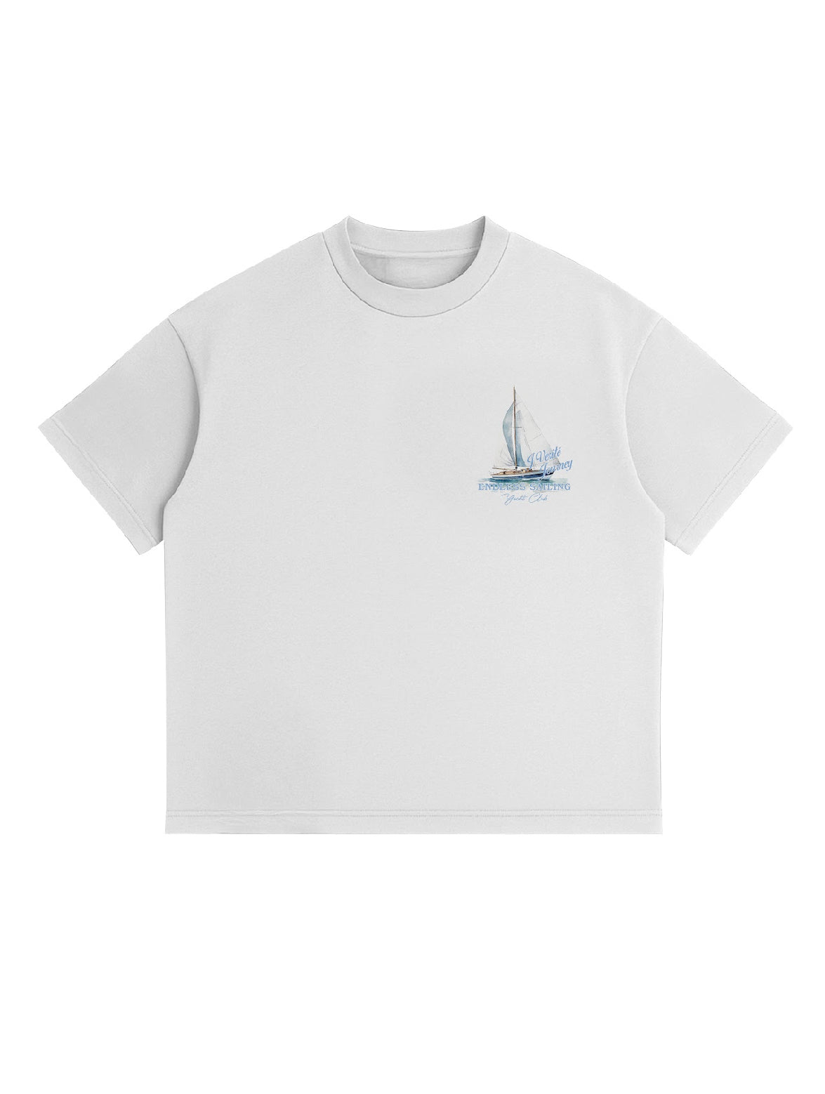 White t-shirt with a small sailboat design on a white background