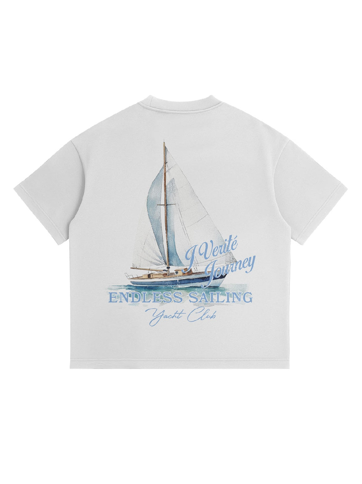 White t-shirt with sailboat graphic and text on a white background