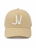 Beige trucker cap with 'JV' logo on a white background