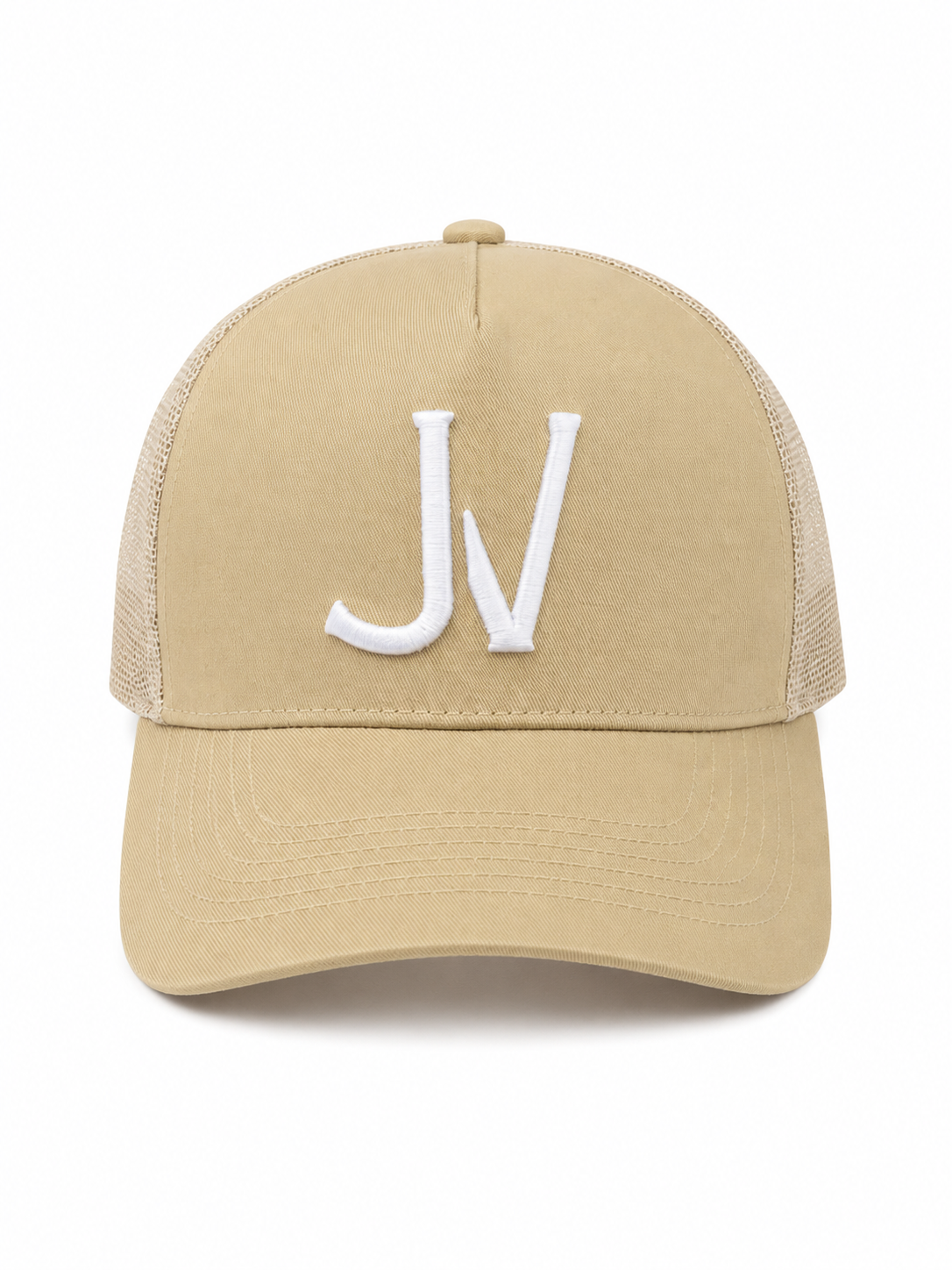 Beige trucker cap with 'JV' logo on a white background