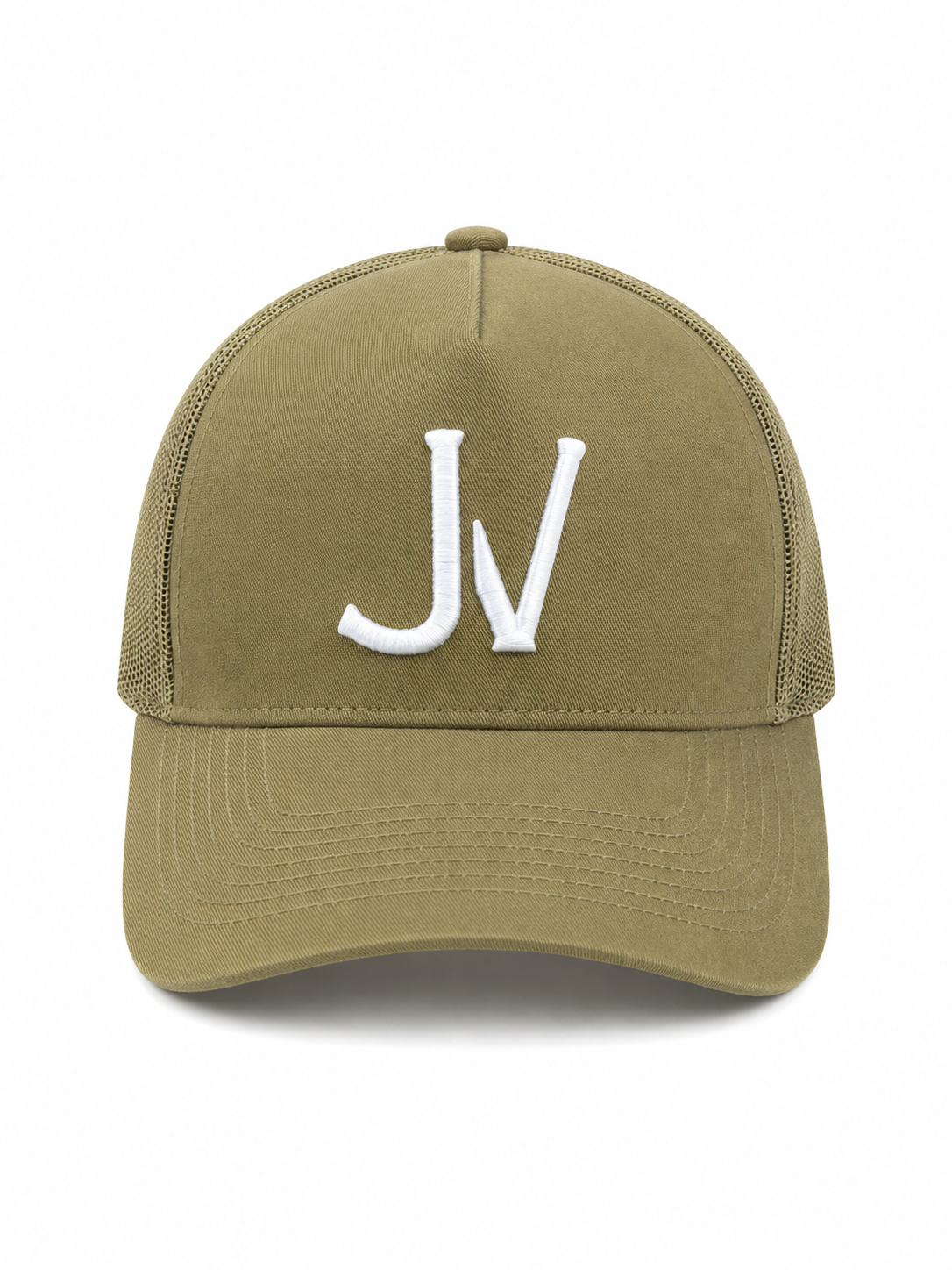 Olive green cap with 'JV' logo on a white background