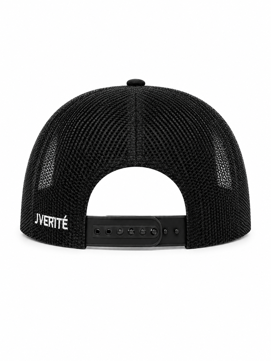 Black mesh cap with brand logo on a white background