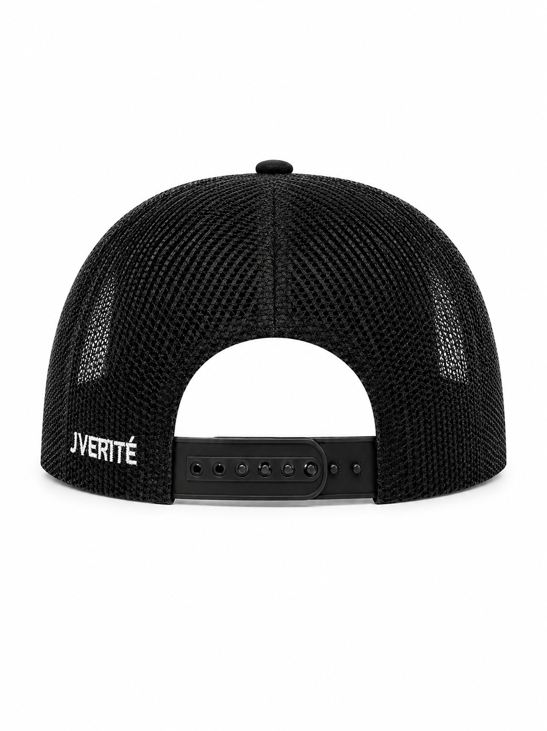 Black mesh cap with brand logo on a white background