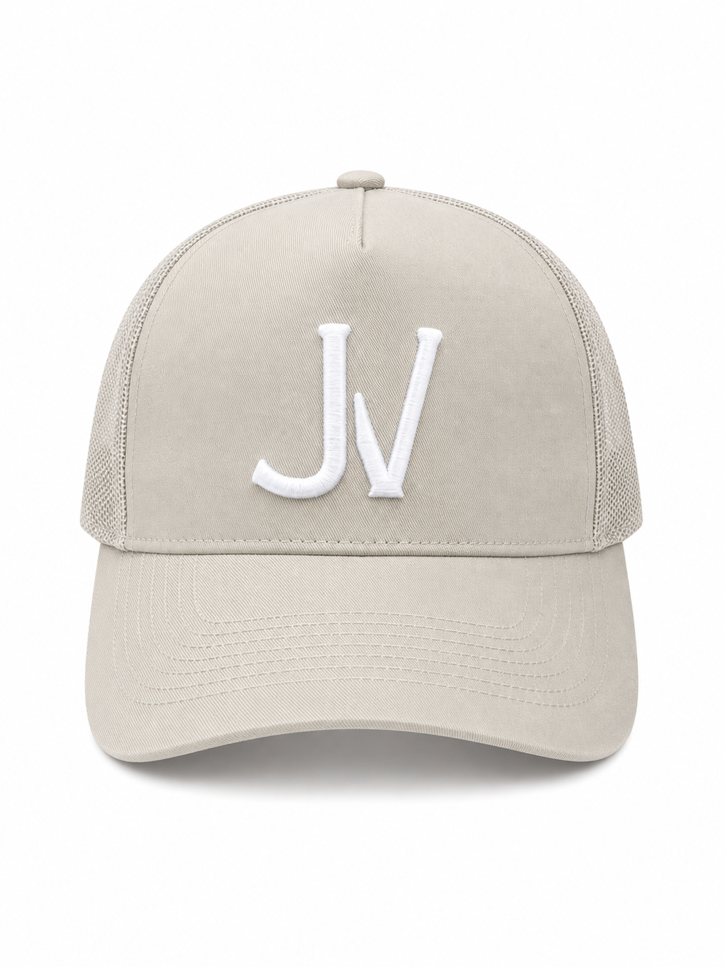 Grey cap with white 'JV' logo on a white background