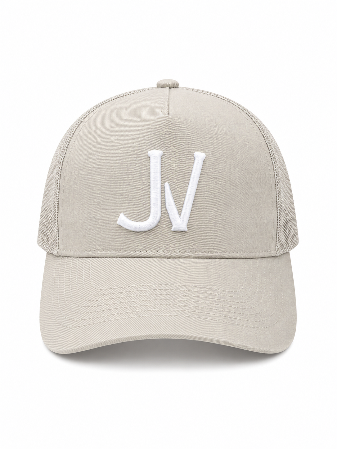 Grey cap with white 'JV' logo on a white background