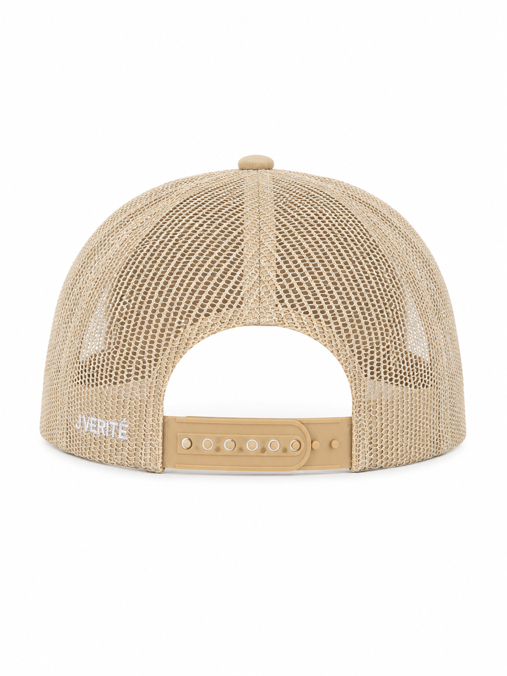 Beige mesh cap with a brand logo on a white background