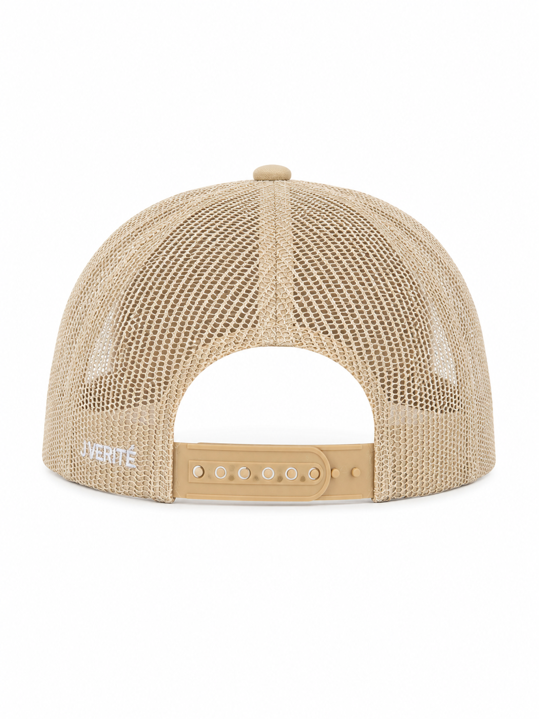 Beige mesh cap with a brand logo on a white background